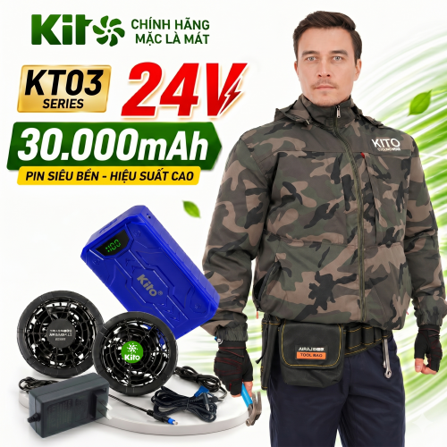 Bộ Áo Điều Hòa KITO KT03 Pro 24V Màu Rằn Ri, Pin 30.000mAh