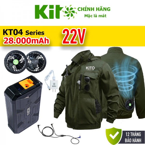 2 Áo KITO KT04 Xanh Rêu + Quạt 22V, Pin 28.000mAh, Dùng 8–20 Giờ