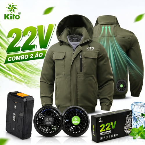 Combo 2 Áo KITO KT04 Xanh Rêu - Quạt 22V, Pin 28.000mAh