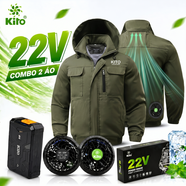 Combo 2 Áo KITO KT04 Xanh Rêu - Quạt 22V, Pin 28.000mAh