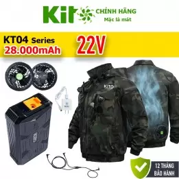 2 Áo Điều Hòa KITO KT04 22V Xanh than + Quạt 22V, Pin 28.000mAh, Dùng 10–20 Giờ