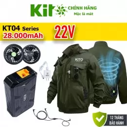 2 Áo KITO KT04 Xanh Rêu + Quạt 22V, Pin 28.000mAh, Dùng 10–20 Giờ