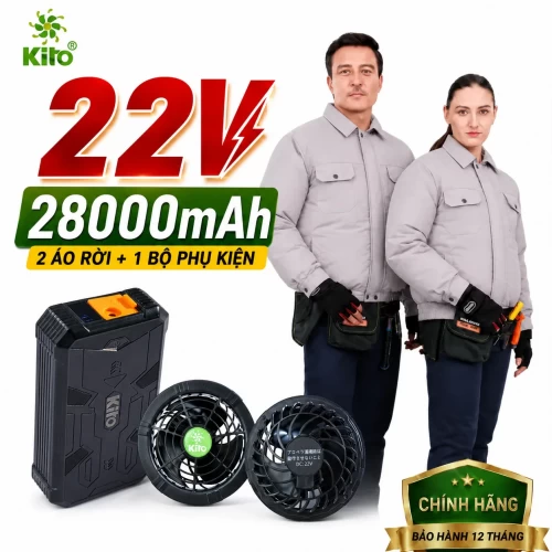 Combo 2 Áo Điều Hòa KITO KT01 Xám Không Mũ, Quạt 22V, Pin 28.000mAh