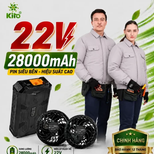 Combo 2 Áo Điều Hòa KITO KT01 Xám Không Mũ, Quạt 22V, Pin 28.000mAh