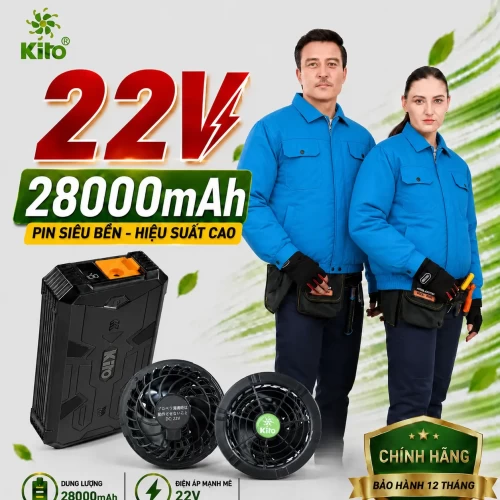 Combo 2 Áo Điều Hòa KITO KT01 Không Mũ Xanh Dương, Quạt 22V, Pin 28.000mAh