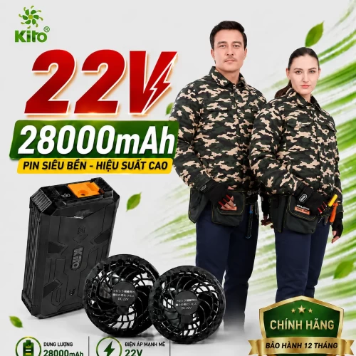 Combo 2 Áo Điều Hòa KITO KT01 Xanh Quân Đội Không Mũ, Quạt 22V, Pin 28.000mAh