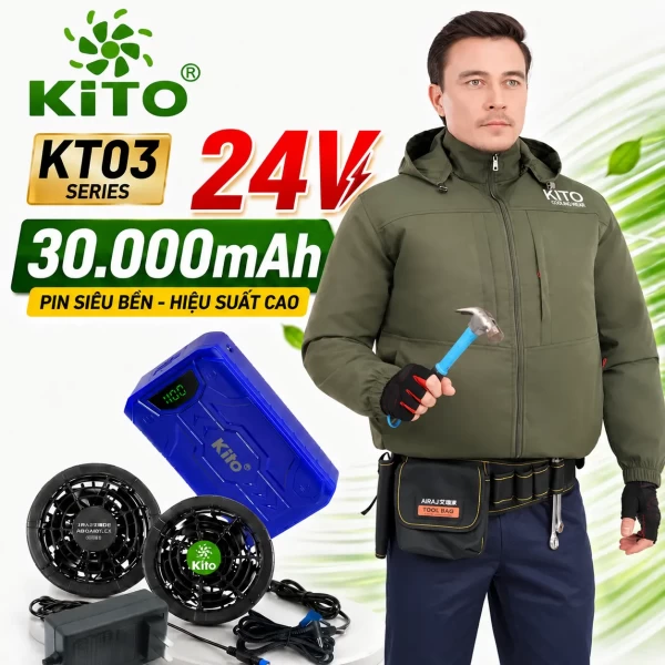 Áo Điều Hòa KITO KT03 Pro Xanh Quân, Quạt 24V, Pin 30.000mAh, BH 12 Tháng