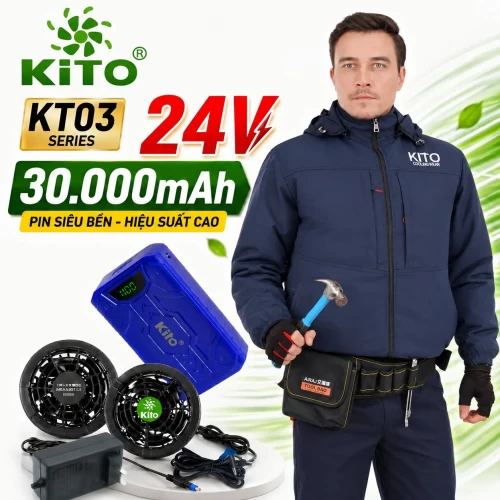 Áo Điều Hòa KITO KT03 Pro Xanh Than, Quạt 24V, Pin 30.000mAh, BH 12 Tháng