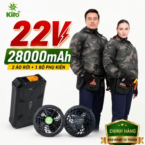 Combo 2 Áo Điều Hòa KITO KT03 Xanh quân đội, Quạt 22V, Pin 28.000mAh Chính Hãng