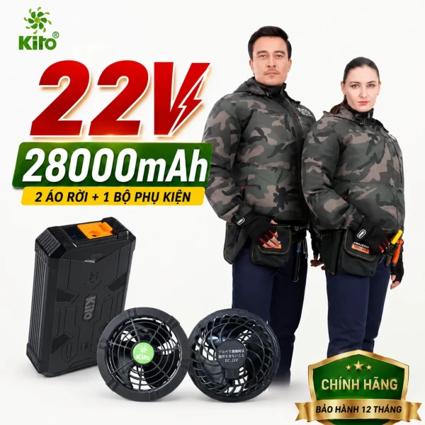 Combo 2 Áo Điều Hòa KITO KT03 Xanh quân đội, Quạt 22V, Pin 28.000mAh Chính Hãng