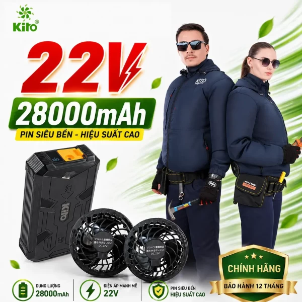 Combo 2 Áo Điều Hòa KITO 22V Pin 28.000mAh, Dùng 10–20 Giờ