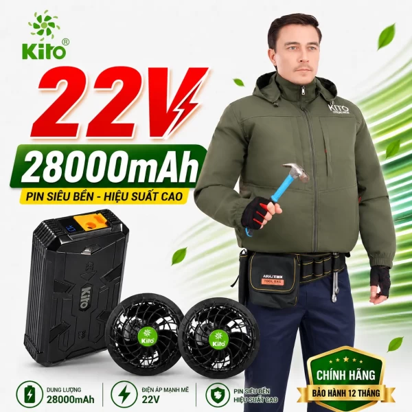 Combo 2 Áo Điều Hòa KITO KT03 Xanh Rêu, Quạt 22V, Pin 28.000mAh Chính Hãng