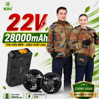 2 Áo KITO KT03 Rằn Ri Vàng, Pin Quạt 22V Chính Hãng, Dùng 10–20 Giờ