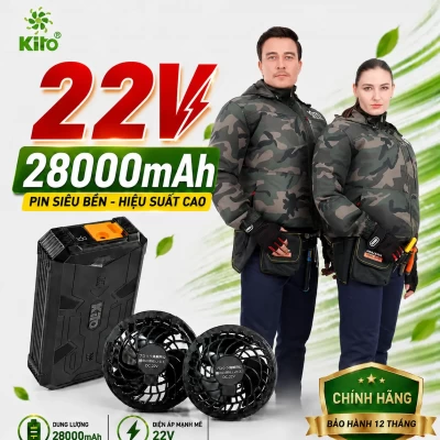 Combo 2 Áo Điều Hòa KITO KT03 Xanh quân đội, Quạt 22V, Pin 28.000mAh Chính Hãng