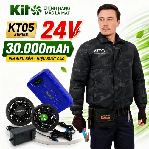 Bộ Áo Điều Hòa KITO KT05 Camo Đen, Quạt 24V Pin 30.000mAh