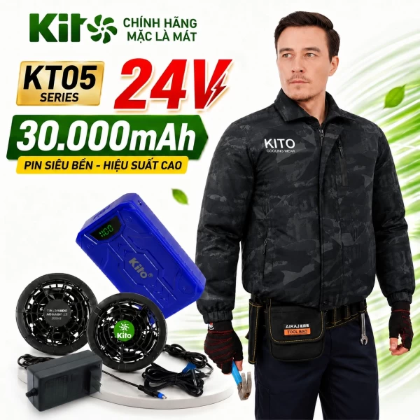 Bộ Áo Điều Hòa KITO KT05 Camo Đen, Quạt 24V Pin 30.000mAh