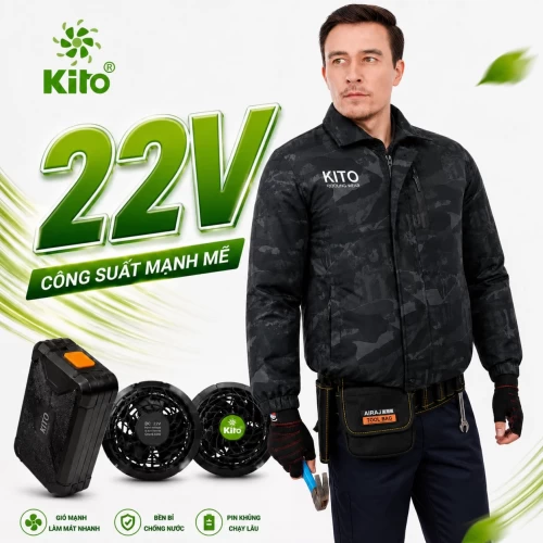 Bộ Áo Điều Hòa KITO KT05 Camo Đen, Quạt 22V Pin 28.000mAh
