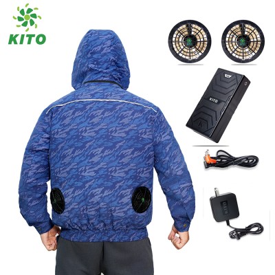 Bộ Áo Điều Hòa KITO Chính Hãng Quạt 13V, Pin Nhật 26.000mAh, Xanh Than Loang có mũ, BH 1 Năm