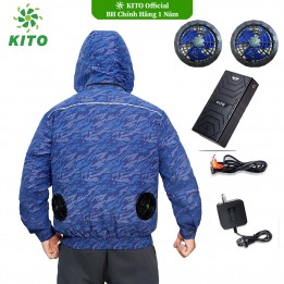 Bộ Áo Điều Hòa KITO Chính Hãng Quạt 13V, Pin Nhật 26.000mAh, Xanh Than Loang có mũ, BH 1 Năm