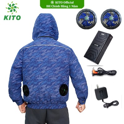 Bộ Áo Điều Hòa KITO Chính Hãng Quạt 13V, Pin Nhật 26.000mAh, Xanh Than Loang có mũ, BH 1 Năm