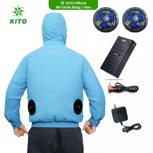 Bộ Áo Điều Hòa KITO Chính Hãng Quạt 13V, Pin Nhật 26.000mAh, Xanh Dương mũ rời , BH Phụ Kiện 1 Năm