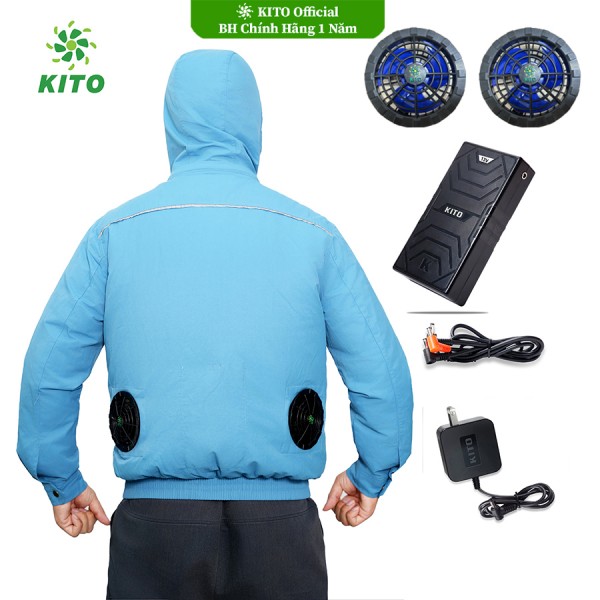 Bộ Áo Điều Hòa KITO Chính Hãng Quạt 13V, Pin Nhật 26.000mAh, Xanh Dương mũ rời , BH Phụ Kiện 1 Năm