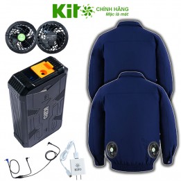 [2 Áo KITO + 1 Bộ Quạt 22V] Chính Hãng Pin 28.000mAh Chạy 10 - 20 Giờ, Áo Không Mũ Xanh Than