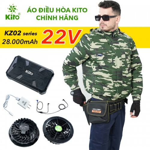 Áo Điều Hòa KITO KT02 Xanh Quân, Vải Cotton, Quạt 22V, Pin 28.000mAh