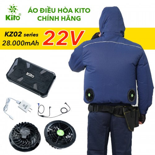Áo Điều Hòa KITO KT02 Xanh Than, Vải Cotton, Quạt 22V Turbo, Pin 28.000mAh