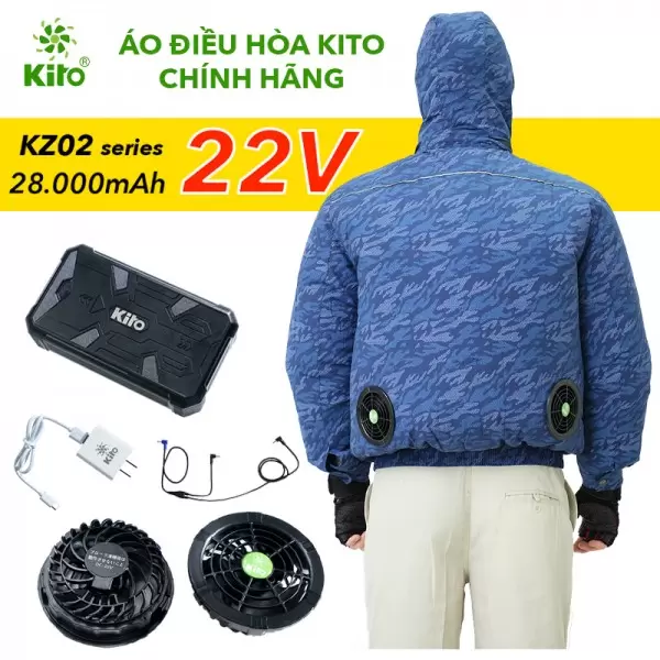 Áo Điều Hòa KITO KT02 Xanh Than Loang, Quạt 22V, Pin 28.000mAh, Có Mũ