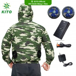 Bộ Áo Điều Hòa KITO Chính Hãng Quạt 13V, Pin Nhật 26.000mAh, Rằn Ri mũ tháo rời , BH Phụ Kiện 1 Năm