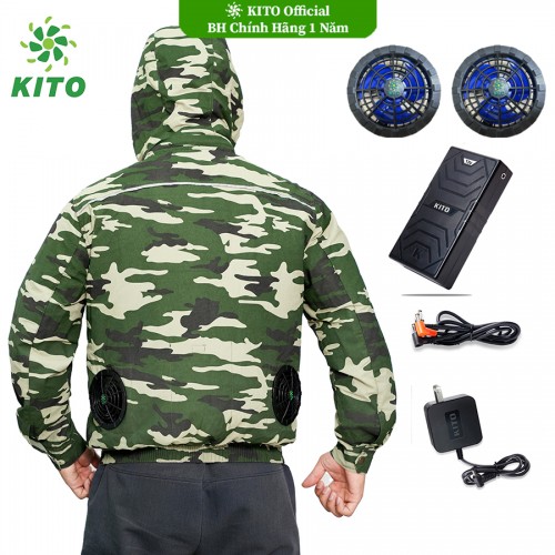 Bộ Áo Điều Hòa KITO Chính Hãng Quạt 13V, Pin Nhật 26.000mAh, Rằn Ri mũ tháo rời , BH Phụ Kiện 1 Năm