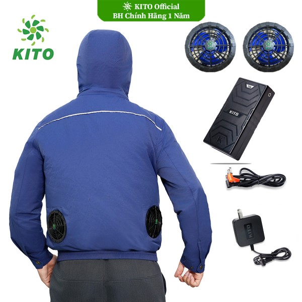 Bộ Áo Điều Hòa KITO Chính Hãng Quạt 13V, Pin Nhật 26.000mAh, Xanh Than mũ rời , BH Phụ Kiện 1 Năm