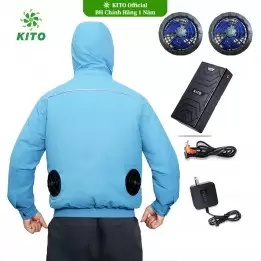 Bộ Áo Điều Hòa KITO Chính Hãng Quạt 13V, Pin Nhật 26.000mAh, Xanh Dương mũ rời , BH Phụ Kiện 1 Năm