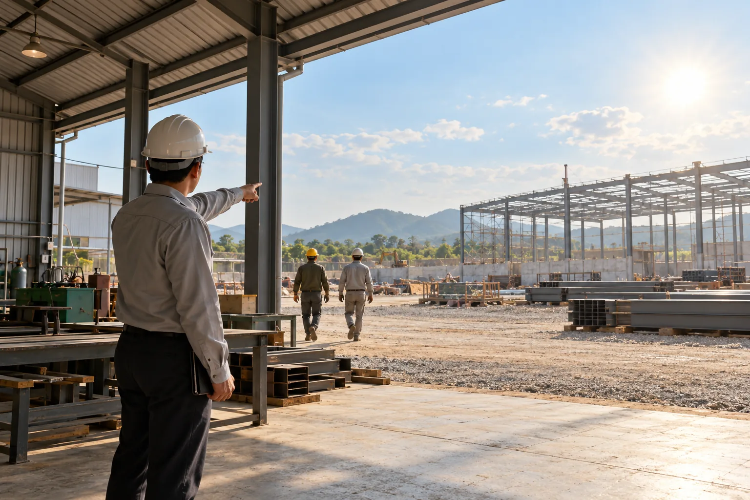 Minh họa môi trường làm việc tại công trình xây dựng và xưởng cơ khí