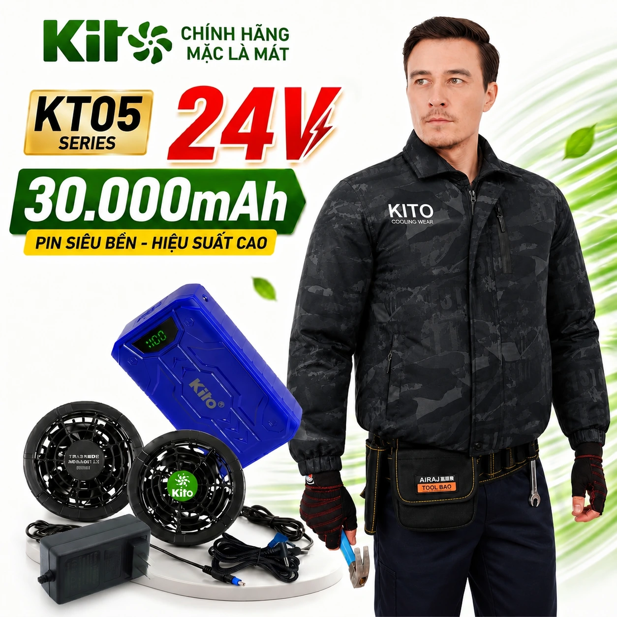 Bộ áo điều hòa KITO KT05 camo đen 24V pin 30.000mAh