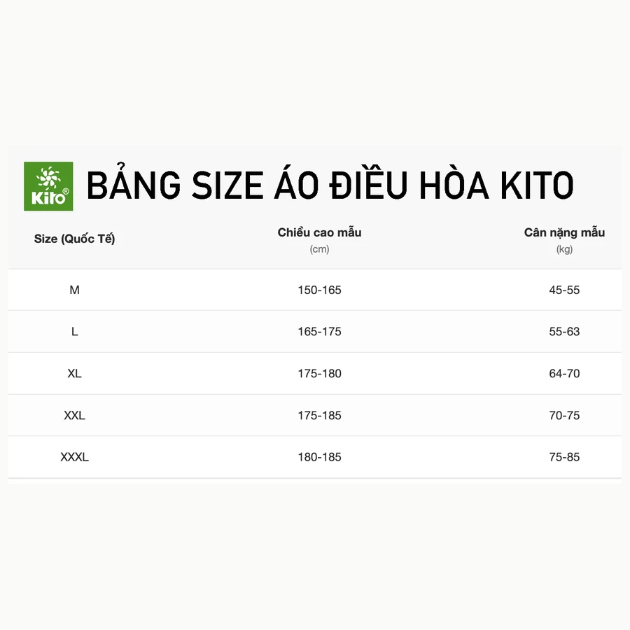 Bảng size áo điều hòa KITO