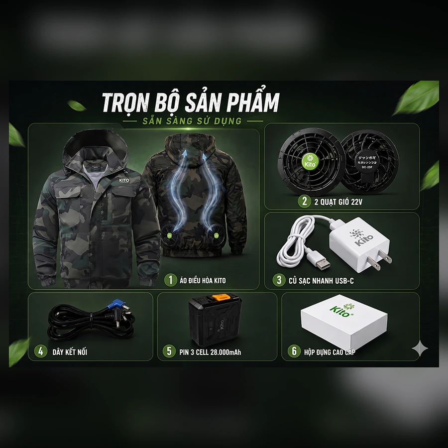 Bộ áo điều hòa KITO KT04 đầy đủ áo pin quạt sạc và dây