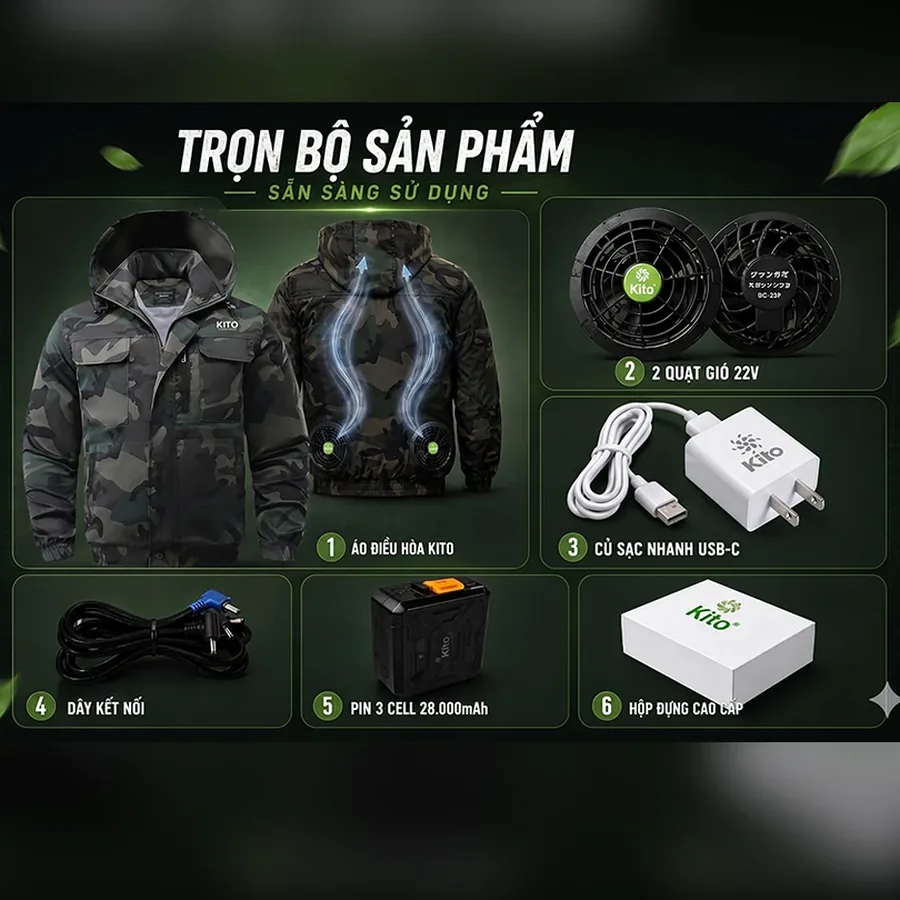 Bộ áo điều hòa KITO KT04 gồm áo quạt pin và phụ kiện