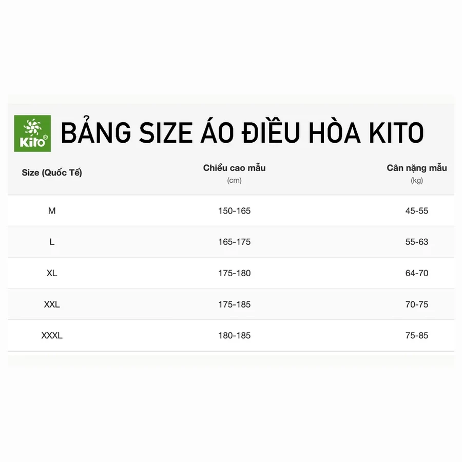 Bảng size áo điều hòa KITO từ M đến 3XL