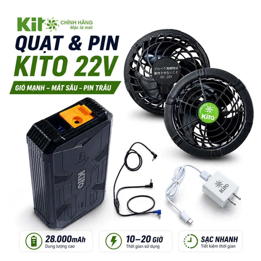 Bộ pin và hai quạt KITO dùng cho áo điều hòa