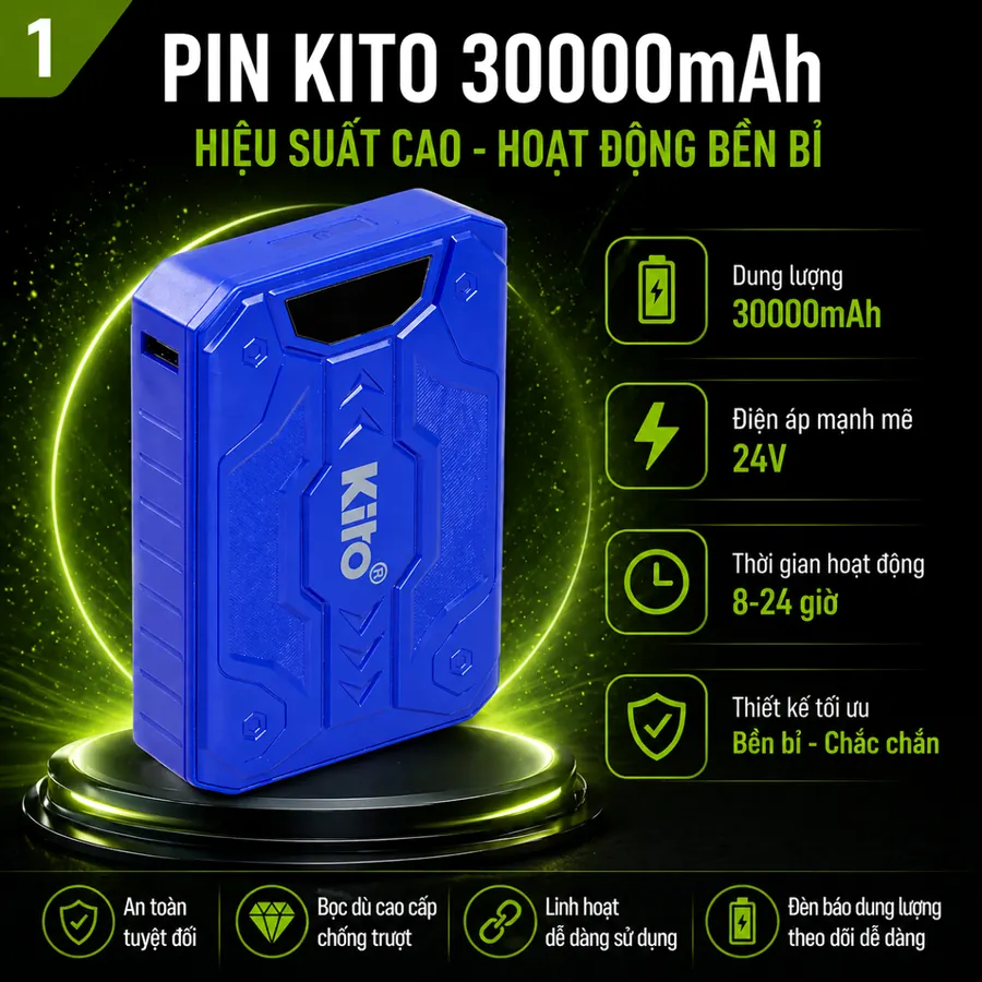 Chi tiết pin áo điều hòa KITO và vị trí cần quan sát
