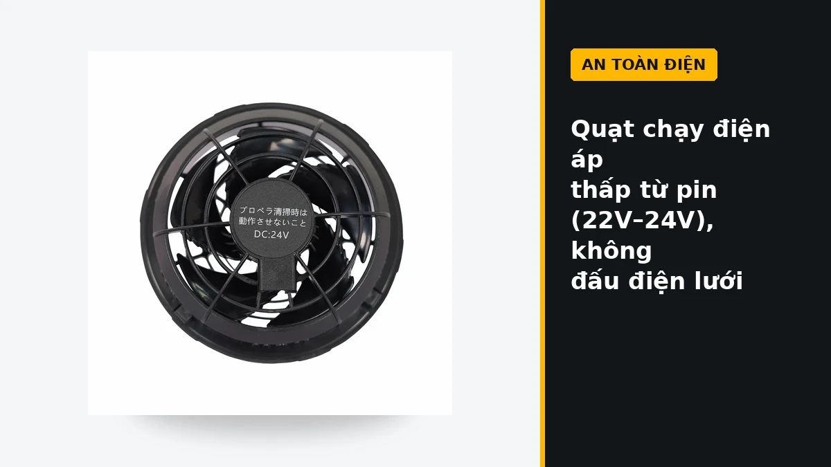 Quạt áo điều hòa Kito dùng điện áp thấp từ pin, có lưới bảo vệ cánh quạt