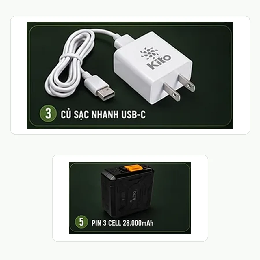 Bộ pin quạt và sạc KITO đúng hệ tương thích