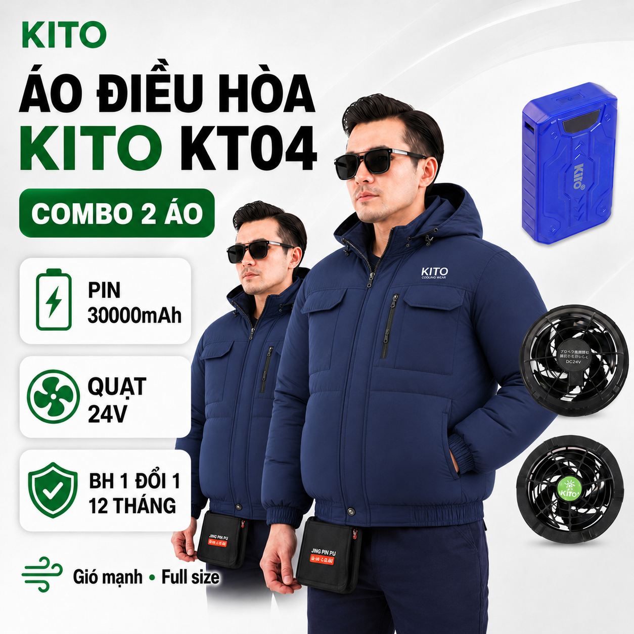 Bộ áo điều hòa Kito đầy đủ áo, pin, quạt cho người lao động ngoài trời
