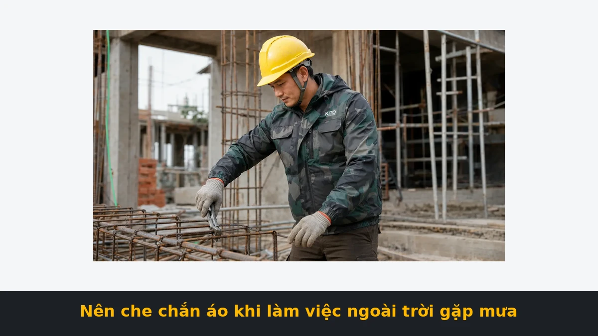 Người mặc áo điều hòa Kito làm việc ngoài trời nên che chắn khi gặp mưa