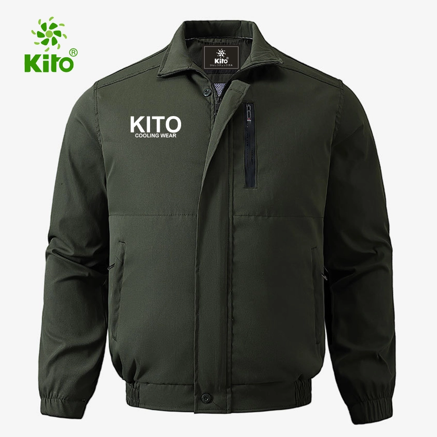 Bộ áo điều hòa Kito kèm pin và quạt mini màu rêu cho nhân viên công viên, khu vui chơi ngoài trời