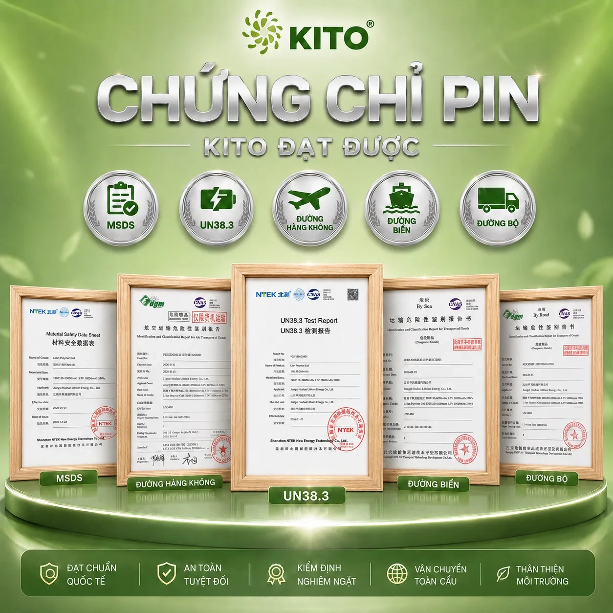 Chứng chỉ pin Kito đạt tiêu chuẩn kiểm định MSDS, UN38.3 vận chuyển hàng không, đường biển, đường bộ