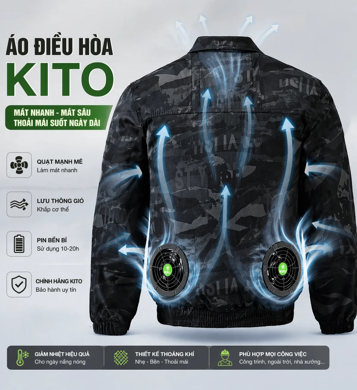Tính năng quạt làm mát của áo điều hòa Kito giúp lưu thông khí cho người lao động