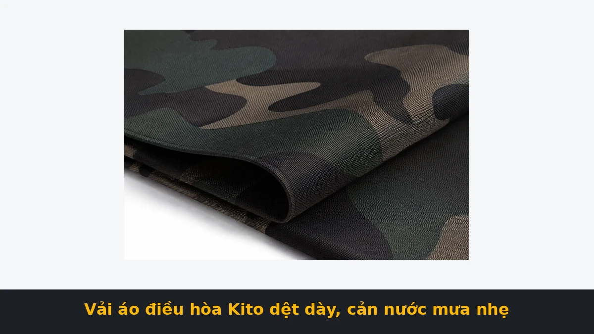 Vải áo điều hòa Kito cận cảnh cấu trúc dày dặn giúp cản nước mưa lất phất